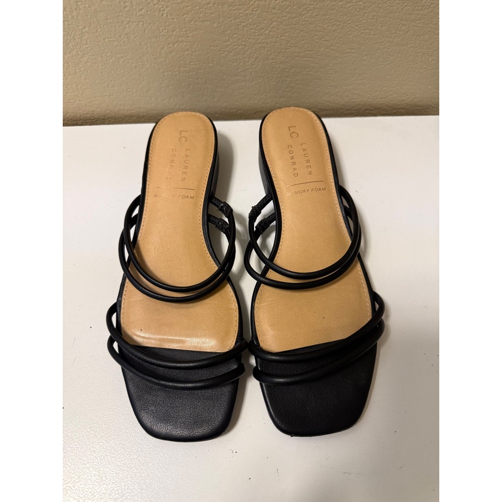 LC Lauren Conrad Jules Black Strap Square Toe Memory Foam Low Block Heel Sandals
